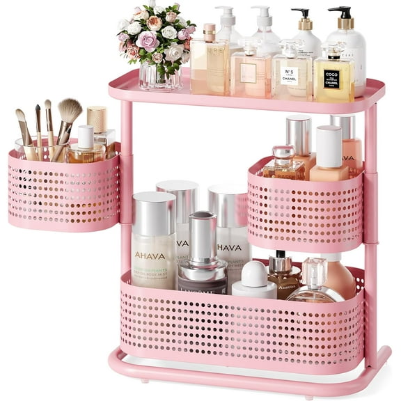 3 Tier Bathroom Organizer Countertop, Multi-Purpose Makeup Organizer, Rotating Desktop Skincare Organizer, Vanity Tray Standing Rack for Bathroom, Pink