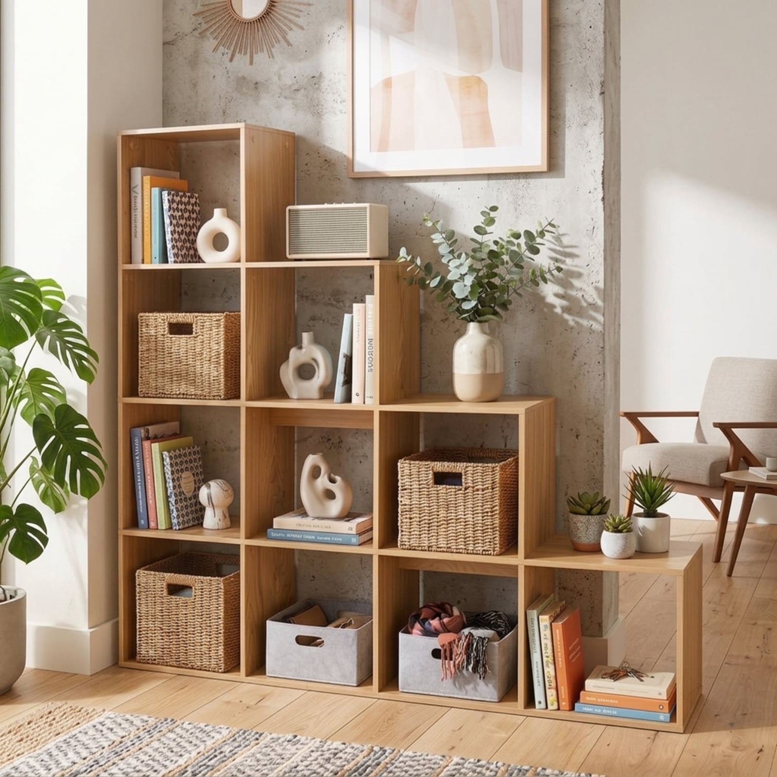 Furnibear 4-Tier Tall Bookshelf with 10 Open Cubes Anti-Tipping Kits and Screw Hole Covers for Home Office and Living Room, White
