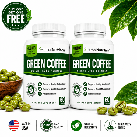 BOGO Sale - Pure Green Coffee Bean Extract - Two 60 Count Bottles, 120 Capsules, 400mg - 1200mg At 50% CGA