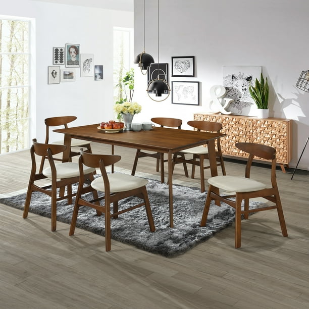 Seville 7Piece Mid Century Modern Wood Dining Room Set, Walnut/Beige