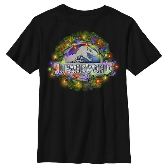 Boys' Husky Jurassic World Christmas T-Rex Logo Wreath Graphic Tee Black X Large