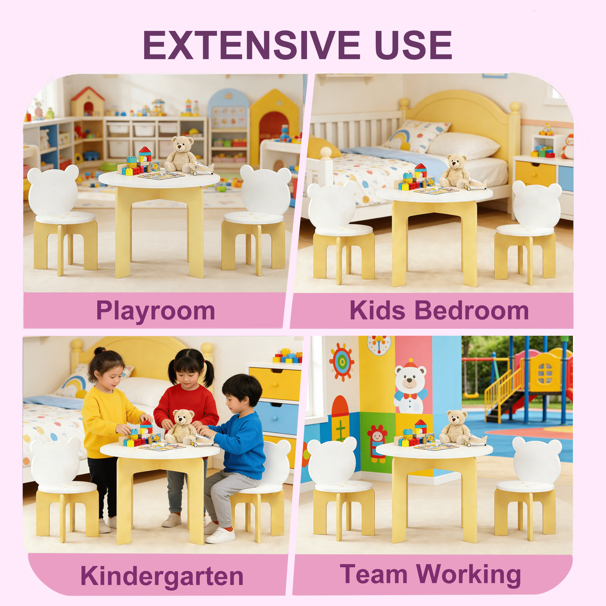 Kids Table and Chair Set, 3-Piece Toddler Table with 2 Chairs, Cute Bear-Back Chairs, Sturdy Wooden Activity Table Set for Kids, Playroom, Bedroom, Preschool