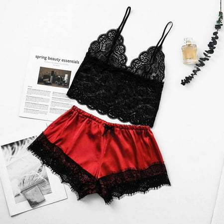 

Knosfe 2 Pack Solid Color Sleepwear Nightgown Pajamas Set Crop Top Shorts Satin Sexy Pjs for Women