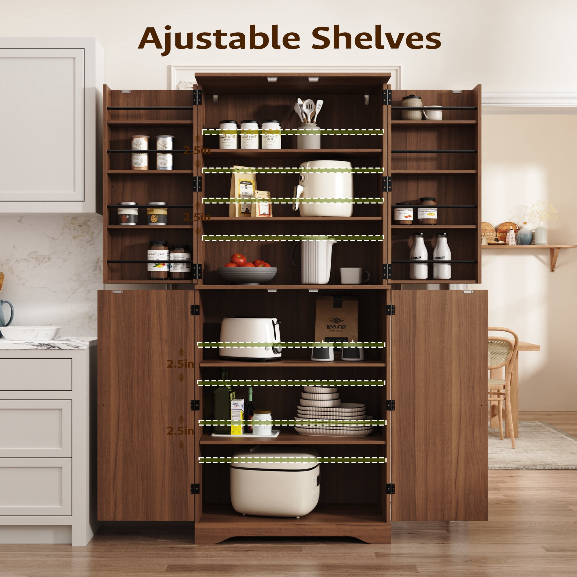 Farmhouse Pantry Storage Cabinet, 72" Tall Kitchen Pantry with Doors Organizer, Freestanding Cupboard with Adjustable Shelves, Rustic Buffet Cabinet for Kitchen, Dining Room, Bathroom, Oak