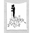 thumbnail image 1 of Wife Tapestry, Bride and Groom Couple Silhouette Wedding Illustration Floral Bridal Dress Swirls, Wall Hanging for Bedroom Living Room Dorm Decor, 40W X 60L Inches, Black and White, by Ambesonne, 1 of 2
