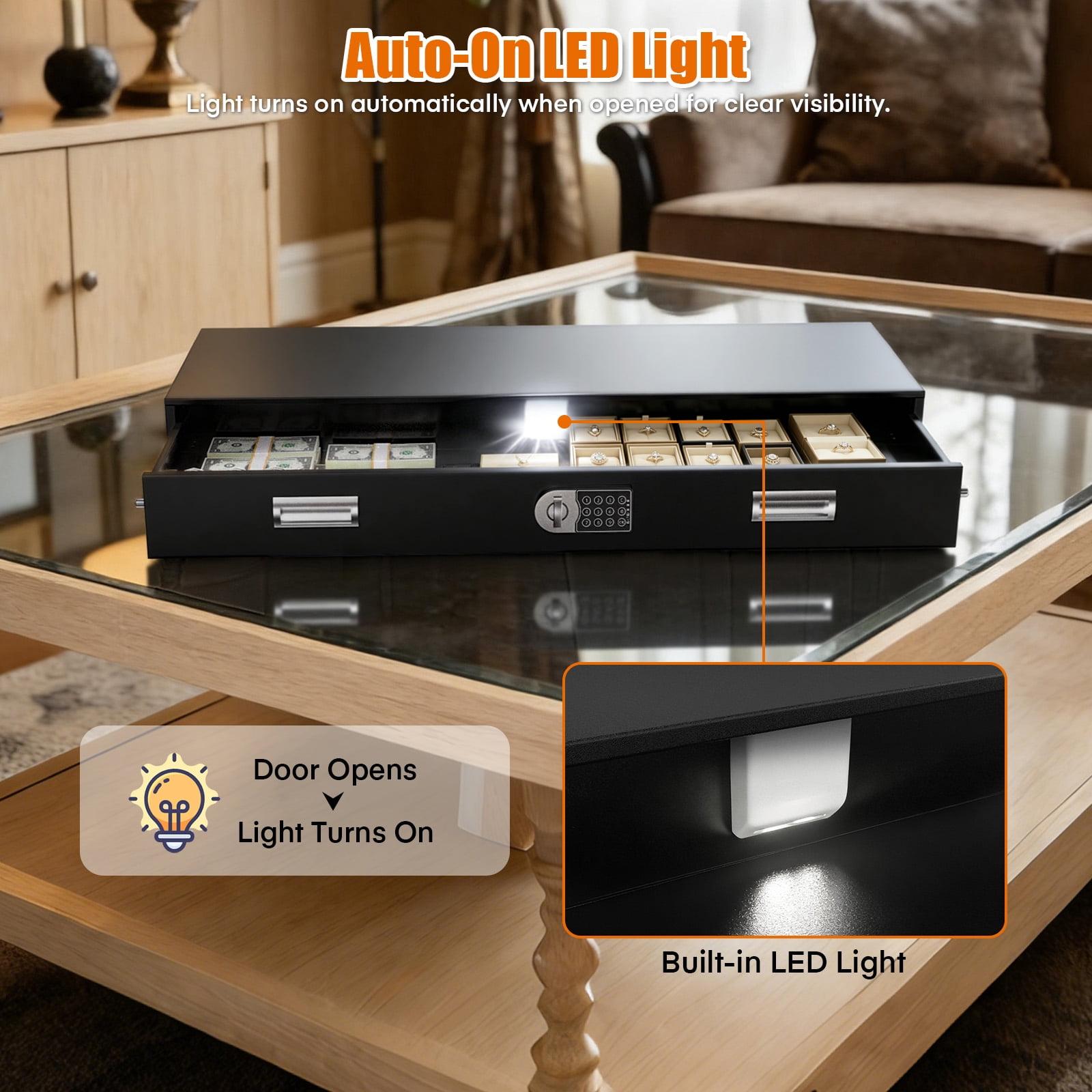 Metateel Under Bed Gun Safe Drawer - Long Storage Case for Car Trunk Gun Storage - 43.3"L x 13.8"W x 5.5"H