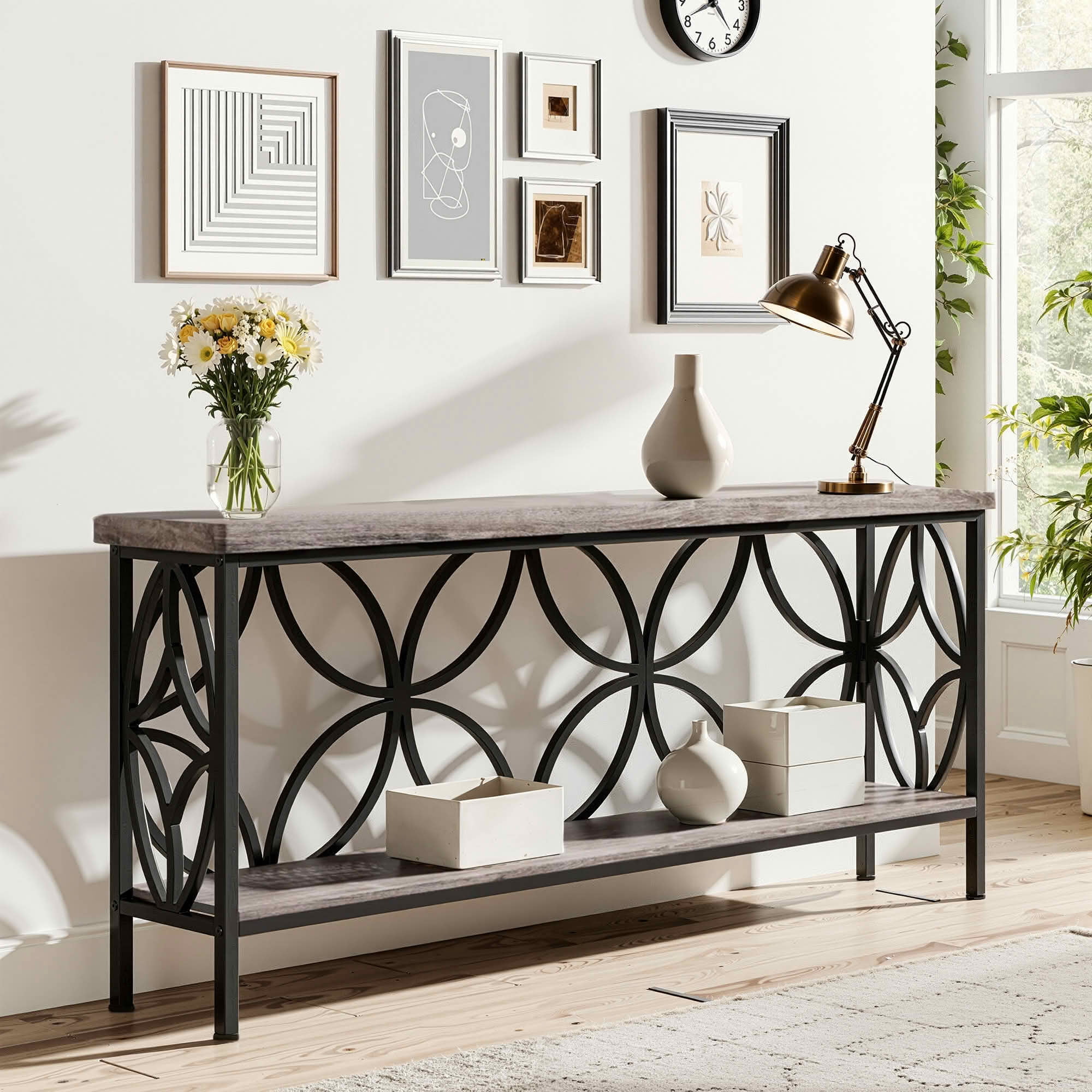 MAYEERTY 70.9" 2-Tier Industrial Console Table, Rustic Wood Top Black Metal Frame Sofa Table with Adjustable Floor Pads