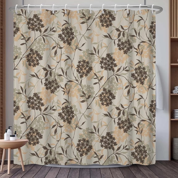Botanical Shower Curtain with Hooks, Neutral Earth Tone Beige and Brown Floral Leaf Pattern Waterproof Fabric Bath Curtain for Modern Farmhouse Bathroom Decor, 72x72 Inches