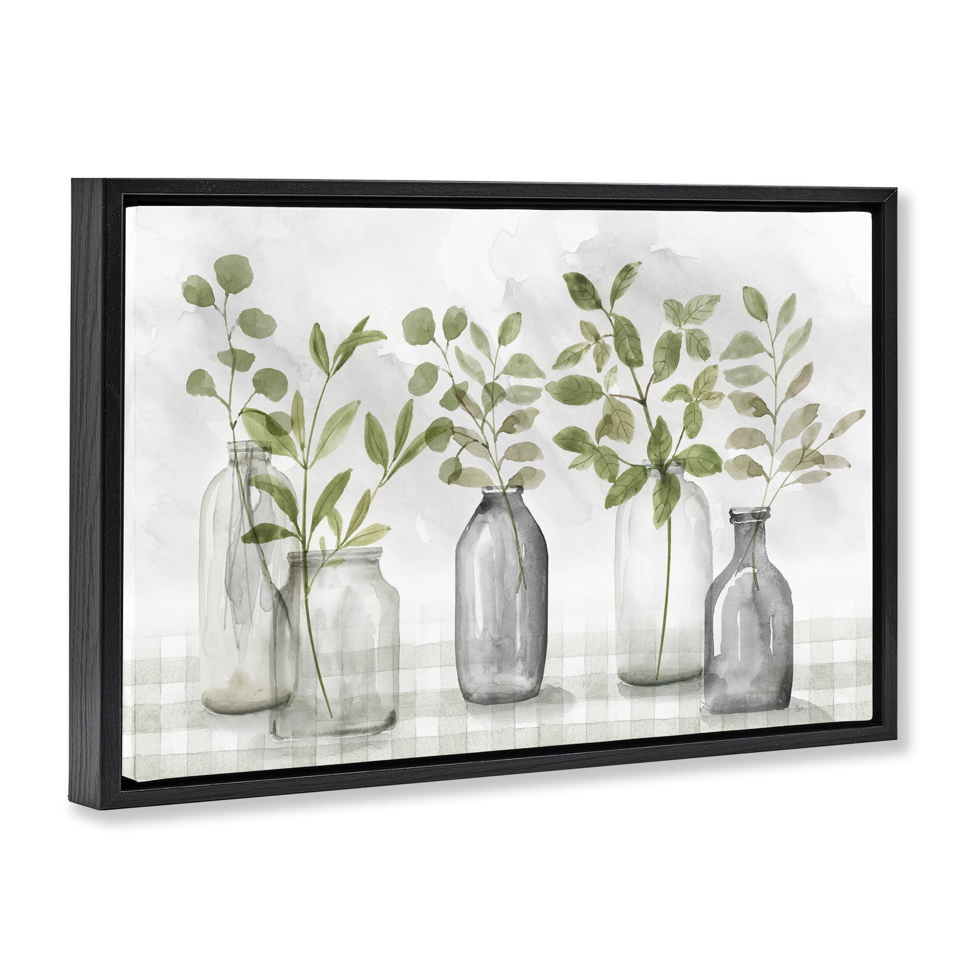 Stupell Industries Greenery Leaves in Vases Black Framed Floater Canvas Wall Art, design by Nan