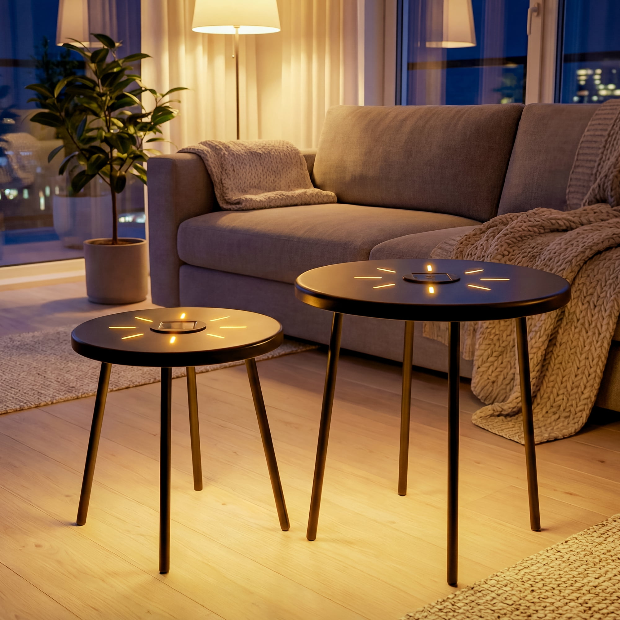 2-Pack Solar Powered Side Table with LED Light, Nesting Round End Table, Weatherproof Iron Accent Table for Indoor Outdoor Patio Garden Bedroom