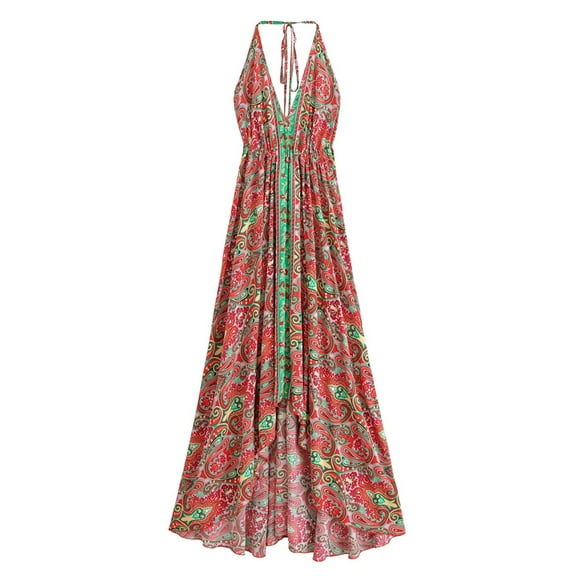 Women Wild Floral Print Backless Sexy Beach Bohemian Maxi Dress Lady High-Low Tassel Strapless Vacation Boho Dress