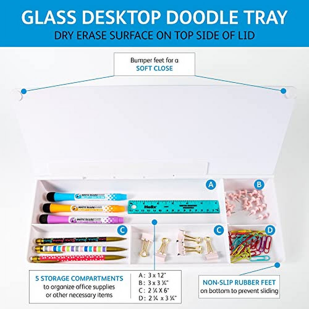 Glassboard Studio Glass Dry Erase Doodle Tray for Desktop Office Supply Storage - Marker and Eraser Included (8 Markers, White)