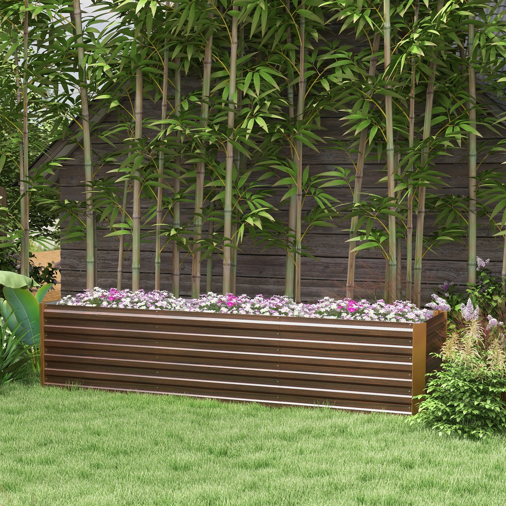 8x2x2ft Galvanized Raised Garden Bed Kit, Outdoor Metal Elevated Planter Box with Safety Edging, Large Raised Bed for Growing Flowers, Herbs and Vegetables, Brown