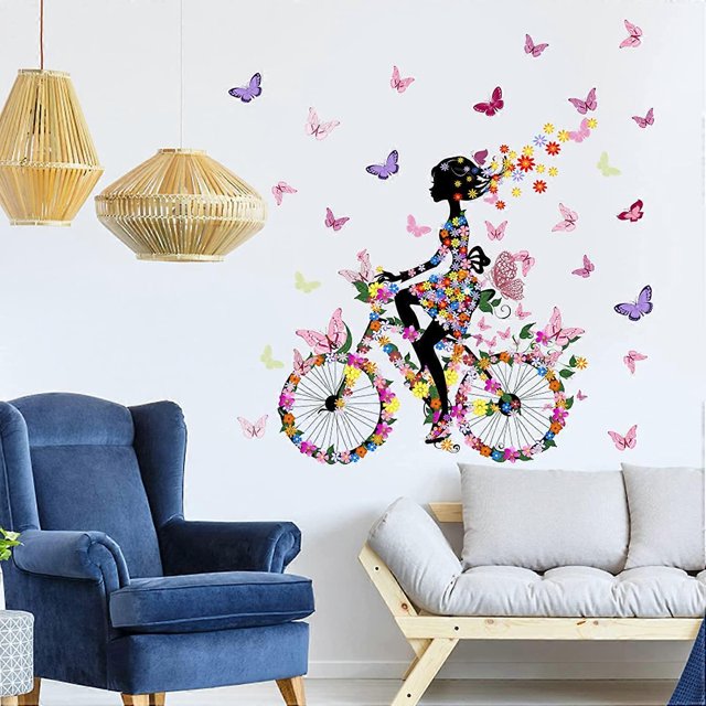 Flower Fairy Wall Stickers Girl Bicycle Butterfly Wall Decals Baby UBIUO ursery Girl Wall Decals for Kids Room Living Room Wall Decor