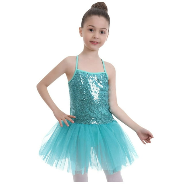 TIEVOSA Camisole à Paillettes pour Filles, Robe de Danse Ballet, Justaucorps Tutu à Jupe, Tenue de Ballerine pour 3-4 Ans (Vert)