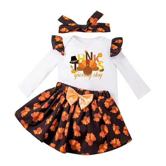 Odeerbi Infant Girls Outfits Baby Layette Set Thanksgiving Turkey Print Romper Cotton Jumpsuit Baby Thanksgiving Print Round Neck Long Sleeve Onesie Bodysuit Set White
