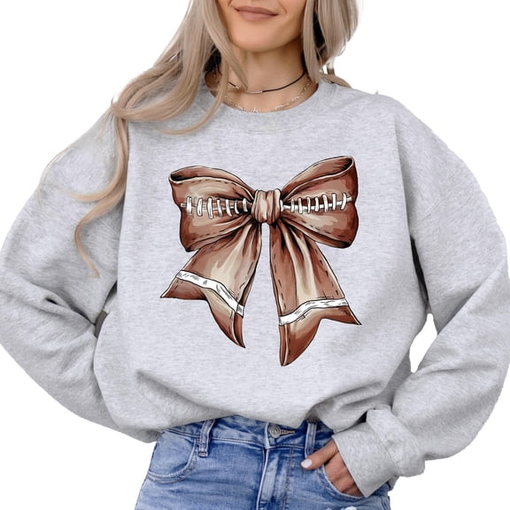 Football Coquette Bow Sweatshirt for Women and Teens Trendy Game Day Football Ribbon Pullover Gray Sweatshirt Adult Medium