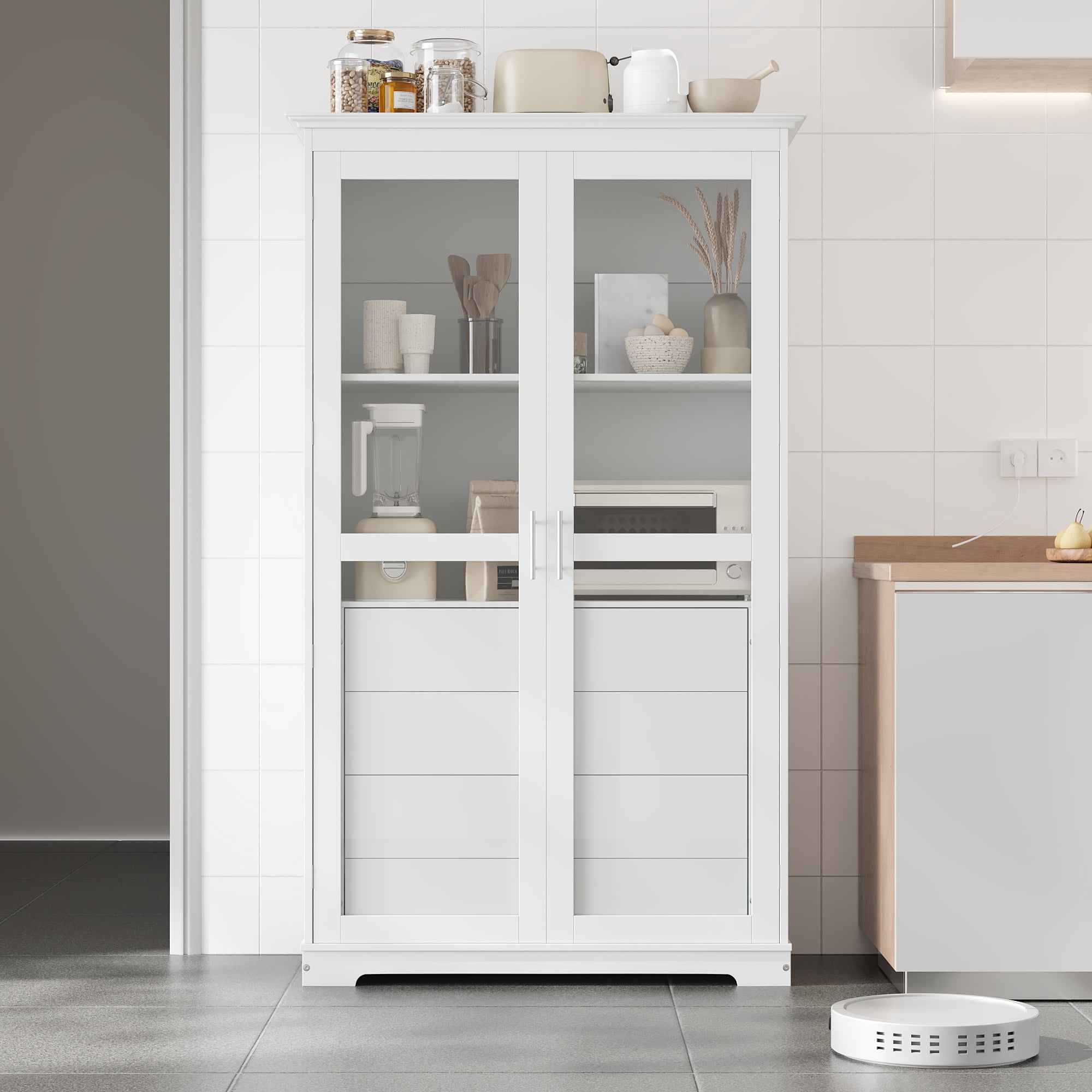 Harper & Bright Designs Farmhouse Kitchen Pantry Cabinet with Microwave Shelf, Tall Kitchen Storage Cabinet with Glass Door, Freestanding Hutch with 4 Built-in Drawers, 75", White
