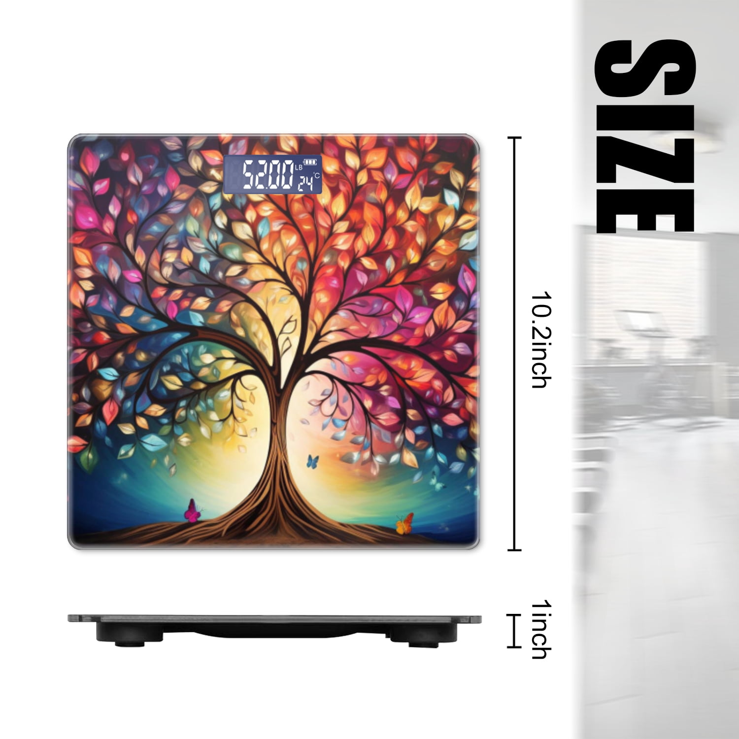 Bathroom Scale, Highly Accurate Digital Body Scale,Precisely Measures Weight up to 400 lbs-Tree With Colorful Leaves And Butterflies