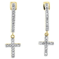 10K Yellow Gold Round Diamond Unisex Mini Cross Dangler Hoop Earrings 0.16 Ct.