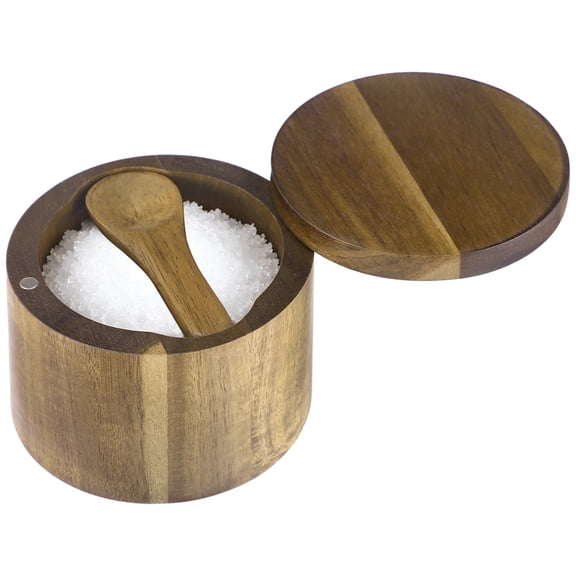 Salt Cellar with Rotatable Lid and Spoon, Acacia Wood Salt Jar, Smoothly-polished Spice Container for Pepper, Sugar, and Herbs, Kitchen Counter Storage Jar, 3.5 x 2.8 in