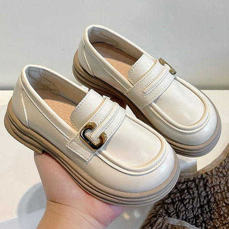 

NIUREDLTD Toddler Kids Grils Dress Shoes New Solid Rubber Sole Soft And Non Slip Metal Decorative Buckle Children s Fashion Casual Low Heel Leather Shoes PU Leather Princess Shoes Beige 29