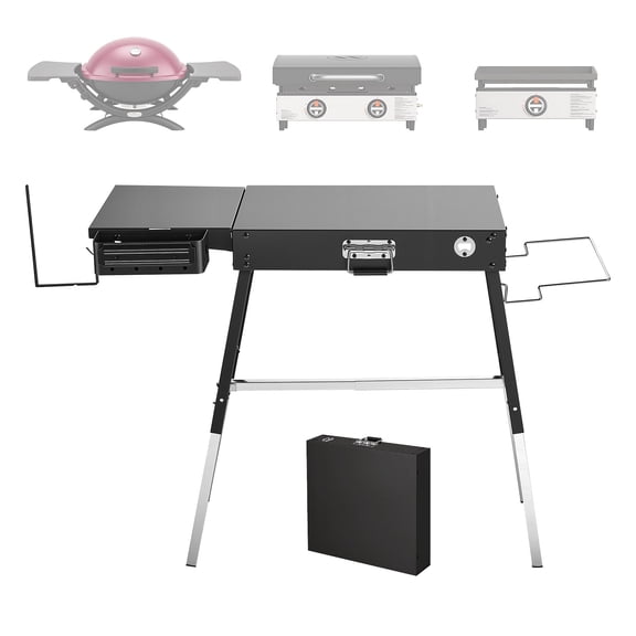 KFFKFF Folding Grill Table 35x17 in Camping Griddle Stand Compatible with 17 & 22 in Griddles, Ideal for Outdoor Cooking, Carbon Steel, Adjustable Height, 350 lbs Capacity