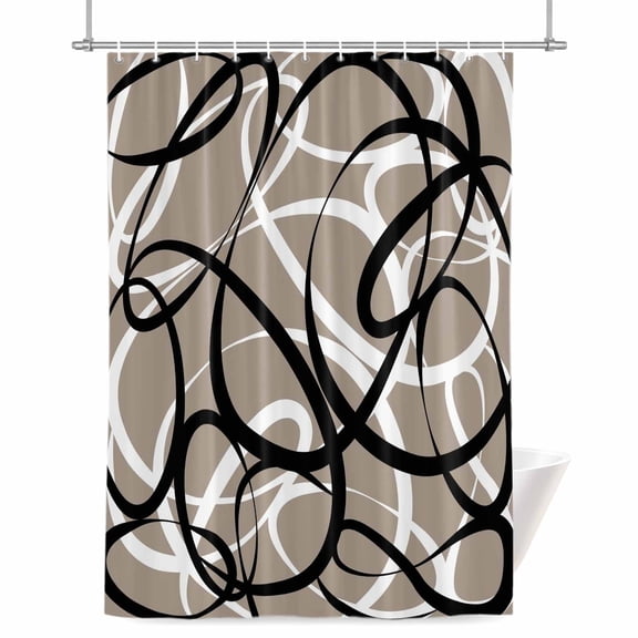 Abstract Wave Line Shower Curtain, Black White Brown Geometric Stripe Modern Waterproof Shower Curtain Set with 12 Hooks Lightweight Bath Curtains Fabric Bathroom Decor 36x72 Inches