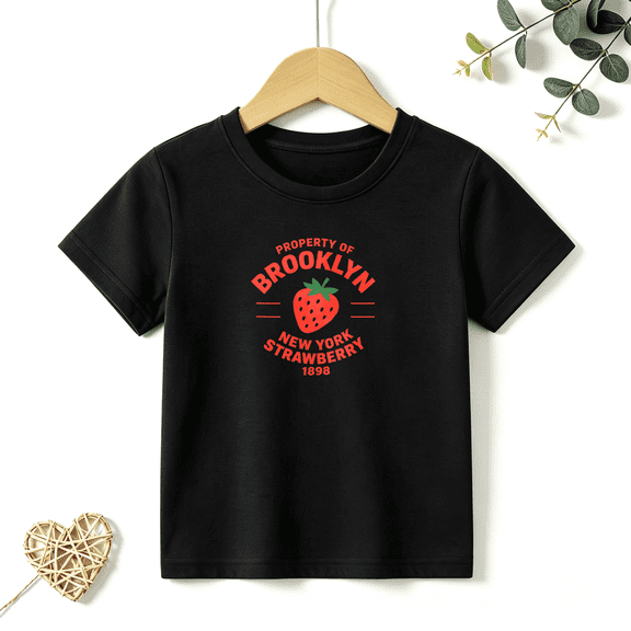 Girls Graphic Tees Brooklyn Strawberry Kids T Shirt New York 100% Cotton Short Sleeve Soft Tops 4-13Y