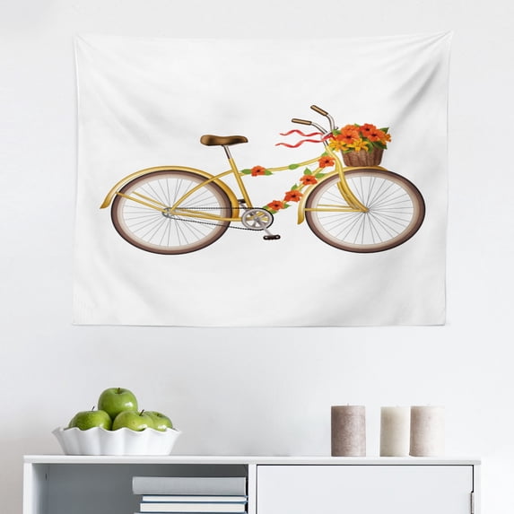 Bike Party Tapestry, Cartoon Drawn Funny Romantic Bride and Groom Silhouette on Tandem Bicycle, Fabric Wall Hanging Decor for Bedroom Living Room Dorm, 2 Sizes, Violet Multicolor, by Ambesonne