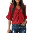 thumbnail image 2 of jowamay Ruffle Shirts for Women V Neck 3/4 Bell Sleeve Business Work Blouse Trendy Flowy Tops for Travel Streetwear, 2 of 6