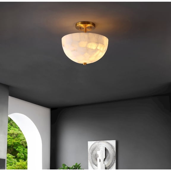 JONATHAN Y Celine 11.88" 2-Light Modern Contemporary Alabaster/Iron Inverted Dome LED Semi Flush Mount, White Marbling/Brass Gold