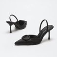 thumbnail image 5 of [On feet & in love] Women's Satin Pointed Toe Slingback Heels - Elastic Strap Stiletto Pumps with Fabric-Covered Circular Ring Detail,Black,7.5, 5 of 7