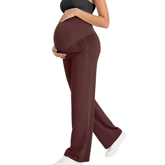 Maternity Pants Over The Belly Yoga Dress Work Pregnancy Pants Stretchy Lounge Wide Leg Trousers with Pockets,Wine,S