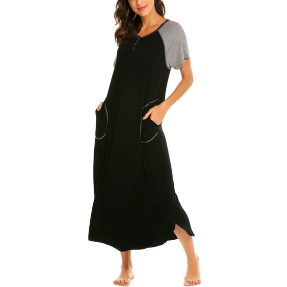 Oudiya Women's Nightgown Short Sleeve Loungewear Sleepwear Full Length Sleep Shirt with Pockets, M-4XL