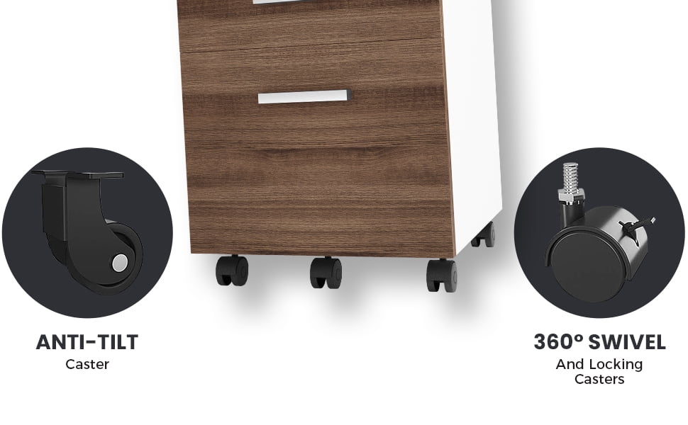 Modern Designs by Crafts and Comfort Lazio File Cabinet 3 Drawers with Lock - Great for Home and Office Use, Wheels and Fits Under Desks – Walnut / White Height 26 Inches