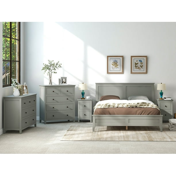 Gray Solid Wood 5Piece Full Bedroom Set (Bed + 2 Nightstands + Chest