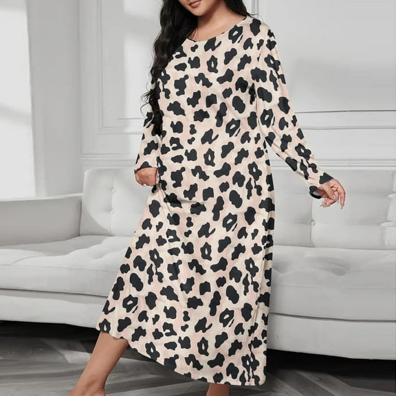 Aboser Women's Leopard Nightgowns Plus Size Long Sleeve Sleep Shirts Soft Full Length Pajama Dress Loose Fit Cute Loungewear Casual Crew Neck Nightdress