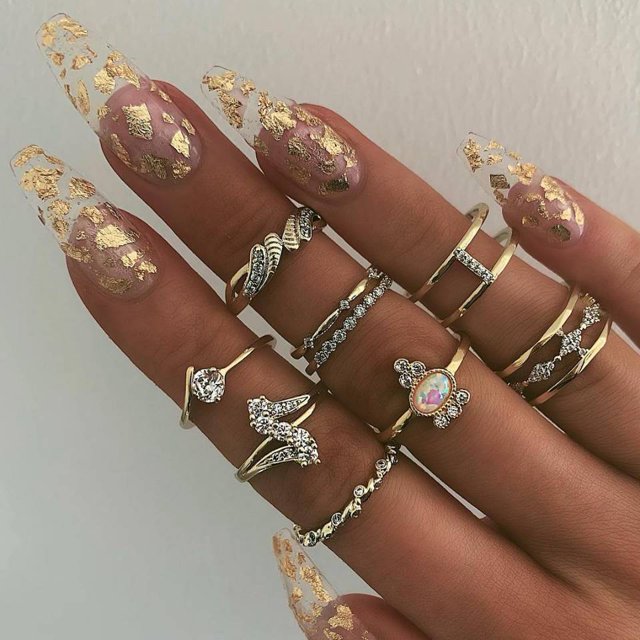 Conjunto de anillos de dedo de flor de rosa Bohemia para mujer, anillo de cadena de nudillos geométricos de cristal, joyería de moda femenina