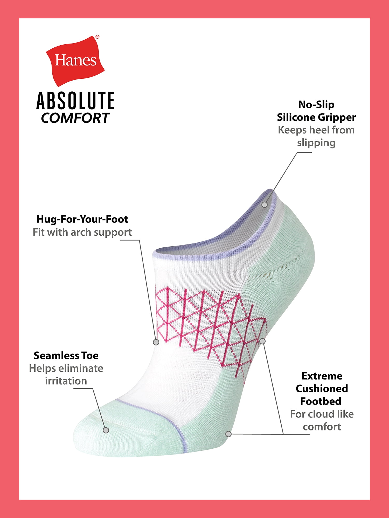 Hanes Women's Super No Show Socks with Gripper, Absolute Comfort, 4-Pack, Size 5-9