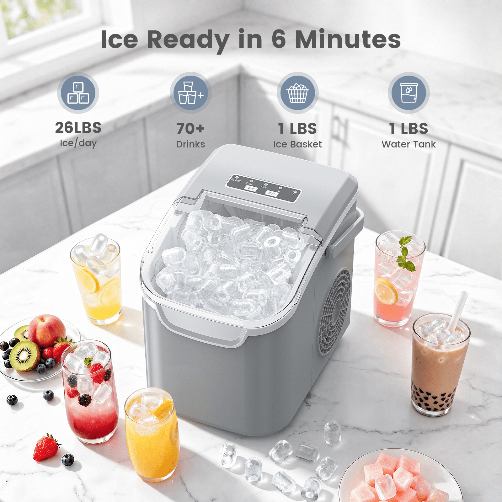 KNDKO Countertop Ice Maker Ice Machine With Handle,Self-Cleaning Ice Makers, 26Lbs/24H, 8 Ice Cubes Ready In 6 Mins For Home/Kitchen/Bar/Party/Camping