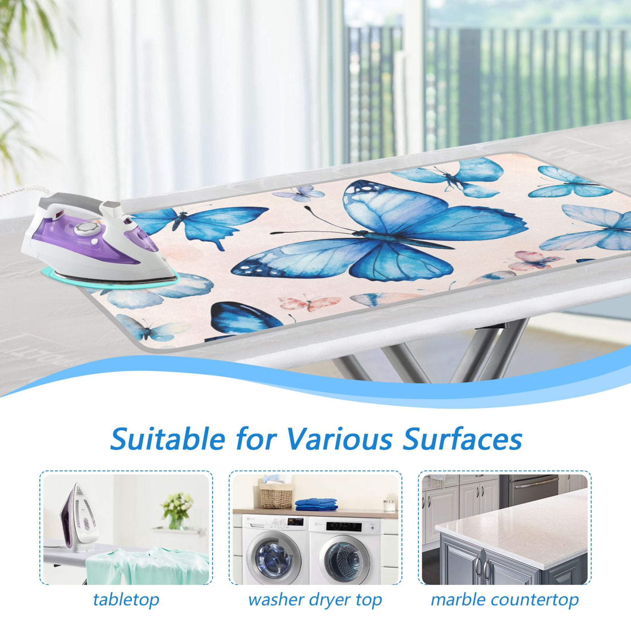 Beautiful Blue Butterflies Ironing Mat Blanket for Table Top Travel Portable Ironing Board Pad 47.2x27.6 Inch