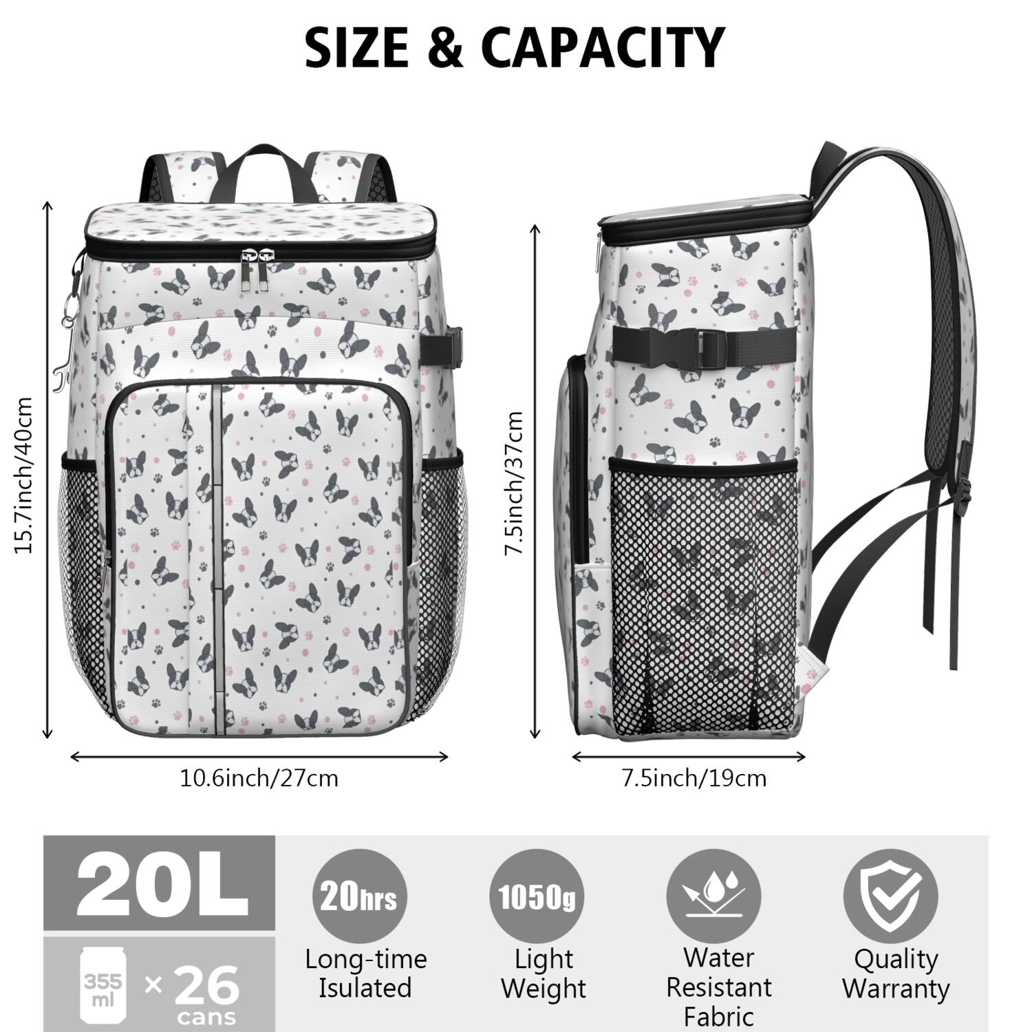 Travel Cooler Bag - French Bulldog Camping Beer Cooler Backpack with Bottle Opener- Waterproof Insulated Picnic Backpacks - Cooler Bag for Beach
