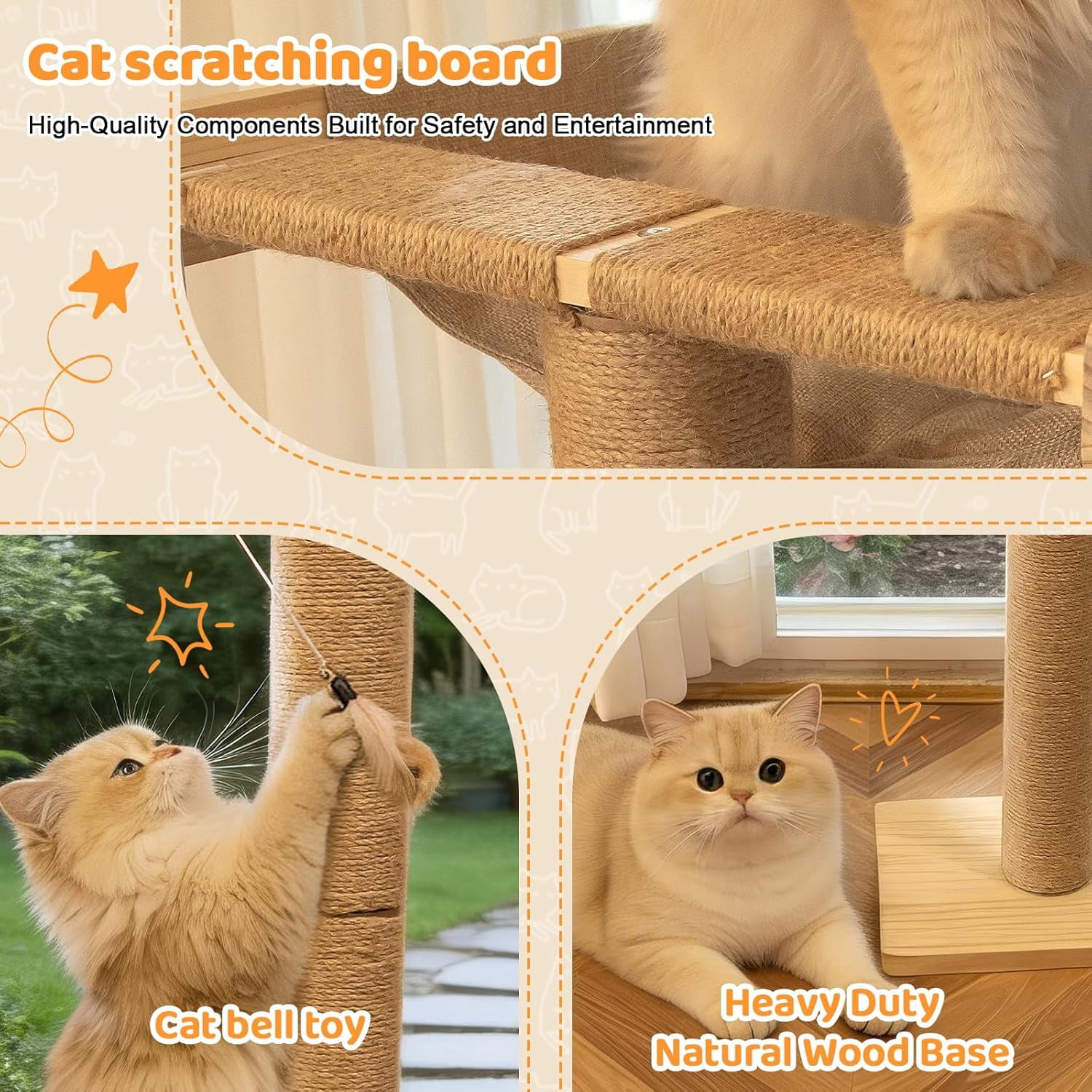 Cat Window Perch Hammock with 3-Piece Detachable Sisal Scratching Posts, Gray Fluffy Cusion, Drill-Free Suction Cup Mount, Multi-Level Climbing Perch for Bird Watching, 45 LBS Capacity