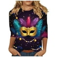 thumbnail image 2 of Qetyuw 3/4 Length Sleeve Shirts for Women Mardi Gras Crew Neck Tops Funny Mask Graphic Tees Plus Size Casual Holiday Tshirts, 2 of 5