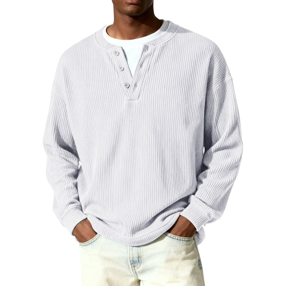 Nokdvo Waffle Knit Long Sleeve Men Fashion Quarter Button Up Henley Casual Pullover Top Fall Winter Textured Knit Solid Color Loose Workout Shirts,White 3XL