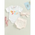 thumbnail image 2 of Bagilaanoe 3Pcs Newborn Baby Girl Easter Outfits Letters Print Short Sleeve Romper Tops + Rabbit Print Shorts + Headband  6M 12M 18M 24M Infant Short Pants Set, 2 of 8