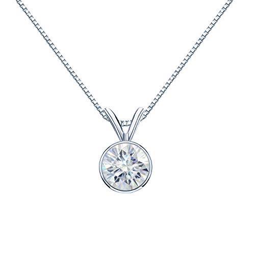 14K White Gold Round Bezel-set Solitaire Moissanite Pendant Necklace (1 3/4ct TGW, 8mm, O.White) 16 to 18-inch by Diamond Wish