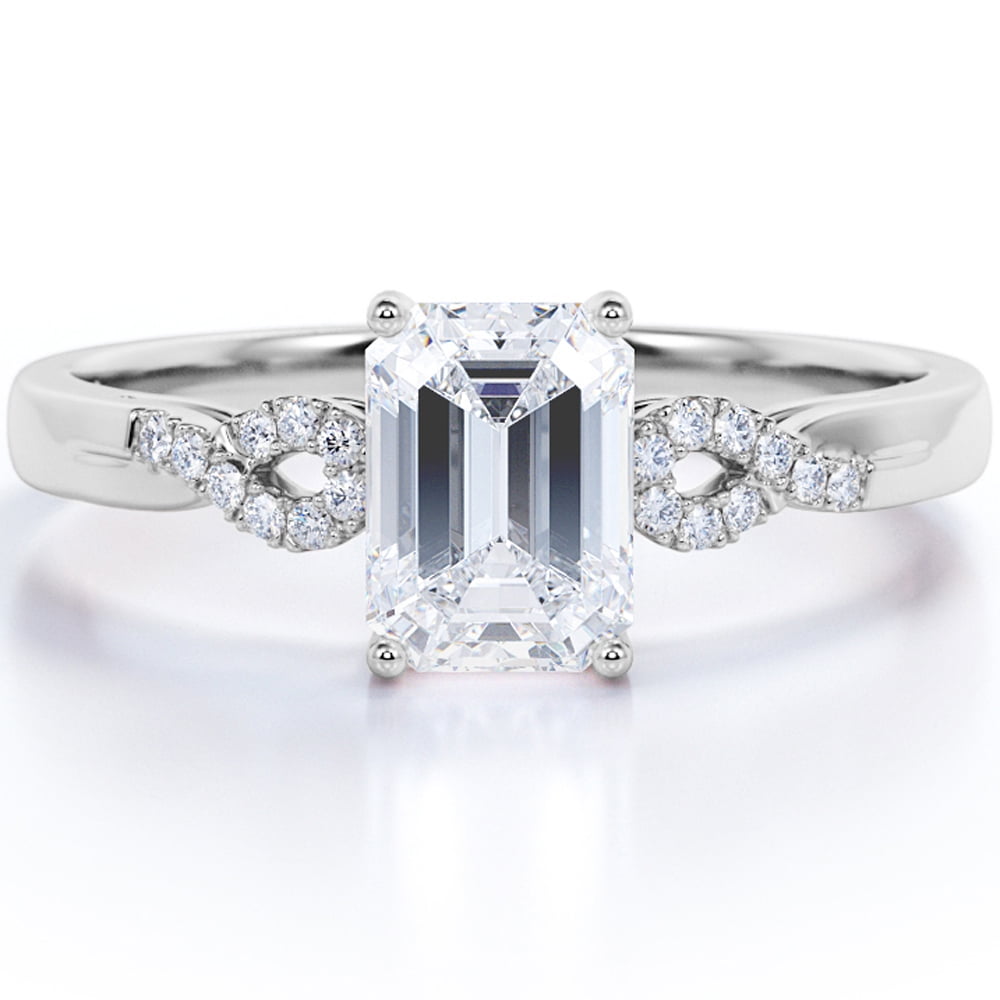 JeenMata Semi-Infinity Pave 1.75 Carat Emerald Cut Moissanite Prong Set Engagement Ring In 18K White Gold Plating Over Silver