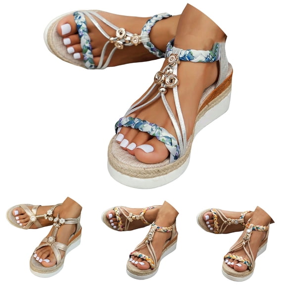 Pandaie Espadrilles Wedge Sandals for Women Bohemian Wide Width Platform Slip on Summer Walking Shoes with Elastic Ankle Strap Beige 6
